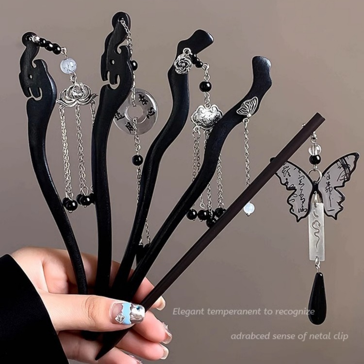 Vintage Lighting Decor - หรูหราไม้พู่ Hairpin สําหรับผู้หญิง Vintage หมึกผีเสื้อจี้ผมสไตล์จีน Ebony