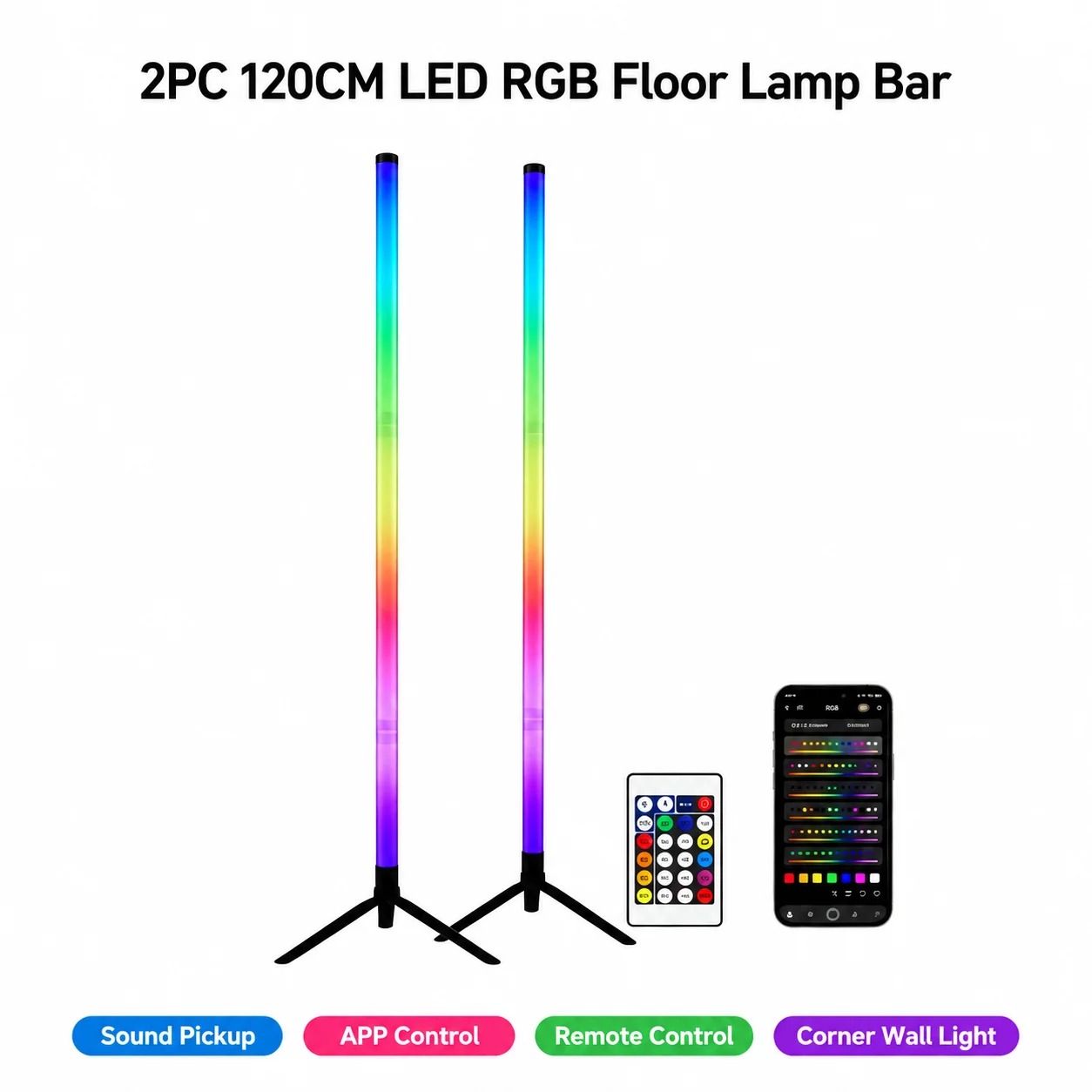 Lighting Decor Room - โคมไฟตั้งพื้นแบบมุม RGB LED 2 ชิ้น, แถบไฟยาว