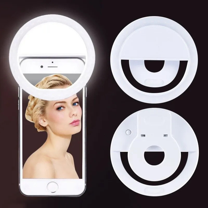 Lighting Gallery - ไฟวงแหวน LED แบบชาร์จไฟได้พร้อมคลิปหนีบโทรศัพท์ไฟถ่ายวิดีโอแหวนสำหรับ iPhone Samsung Xiaomi