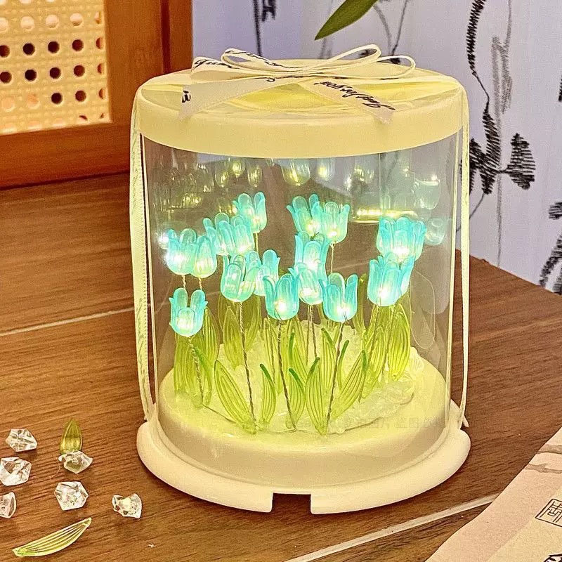 Decor Lighting Table Lamps - โคมไฟดอกทิวลิป DIY กล่องเค้กดอกไม้จำลอง โคมไฟตั้งโต๊ะห้องนอน งานฝีมือตกแต่ง ดอกทิวลิป