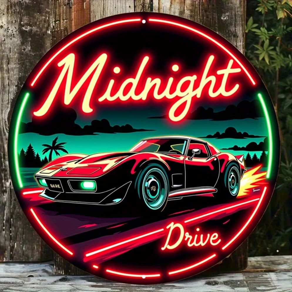Vintage Lighting Decor - ป้ายไฟนีออนวินเทจลายรถ Midnight Drive – ป้ายโลหะศิลปะ LED