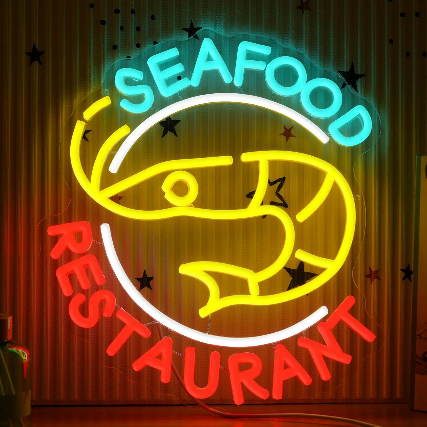 Kitchen Decor Lighting - ป้ายไฟนีออนร้านอาหารทะเล ไฟ LED ปรับความสว่างได้ สำหรับห้องครัว ร้านกาแฟ