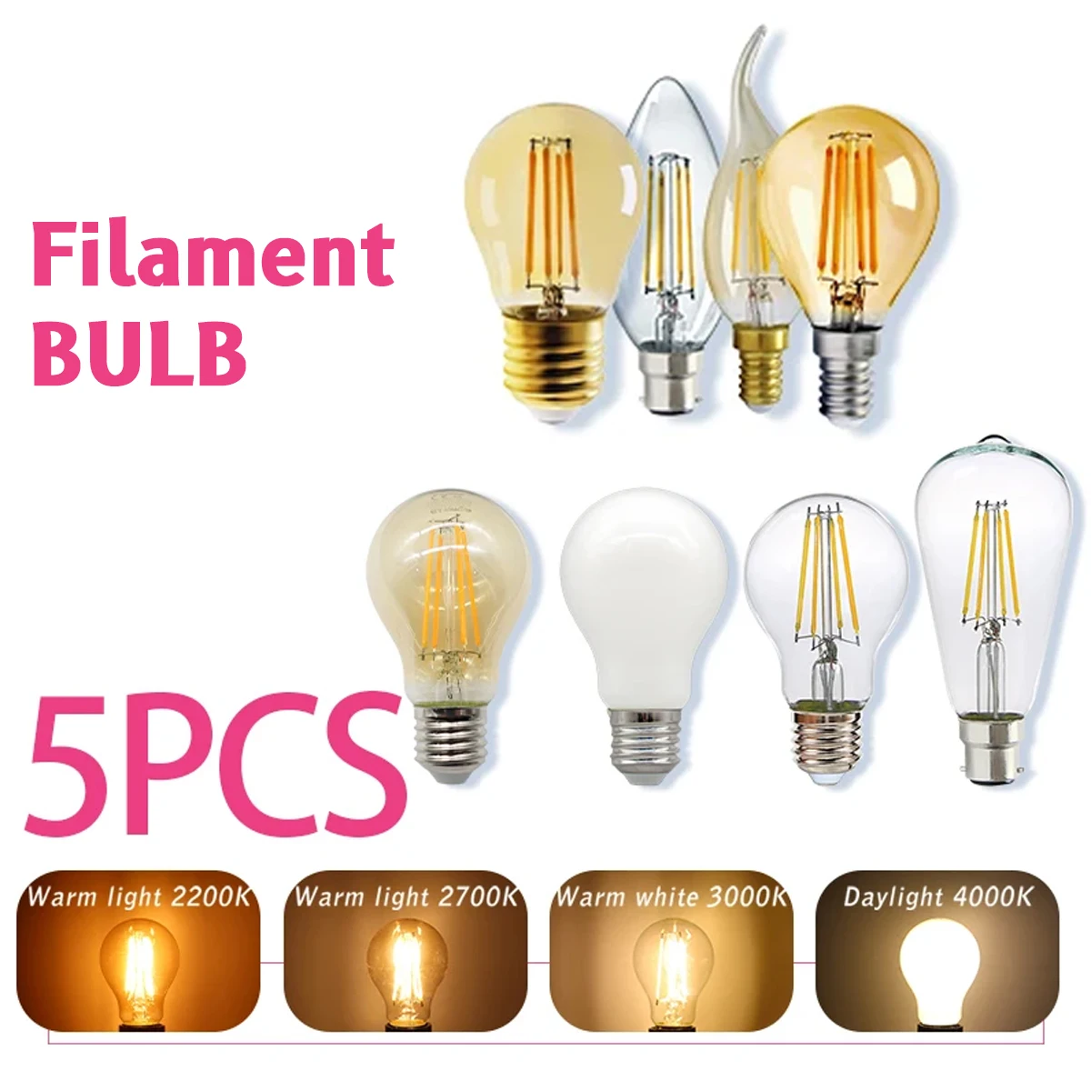 Vintage Lighting Decor - 5PCS E27 E14 B22 หลอดไฟเอดิสันย้อนยุค 220V